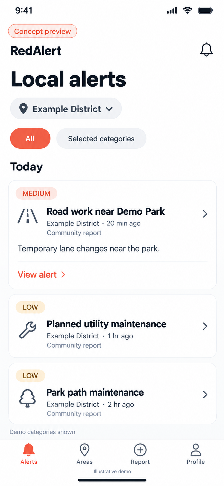 Local alerts feed — RedAlert concept preview with fictional demo content