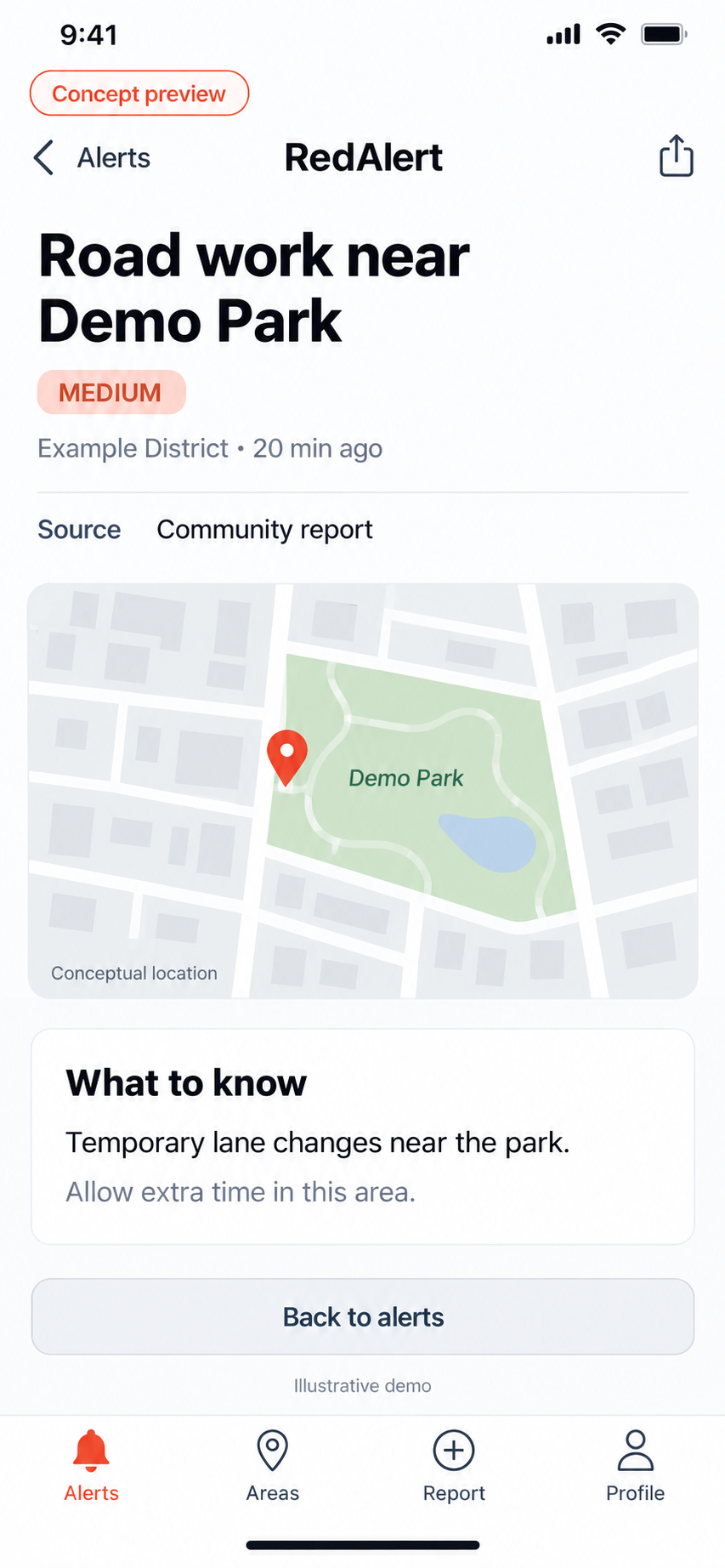 Alert detail — RedAlert concept preview with fictional demo content