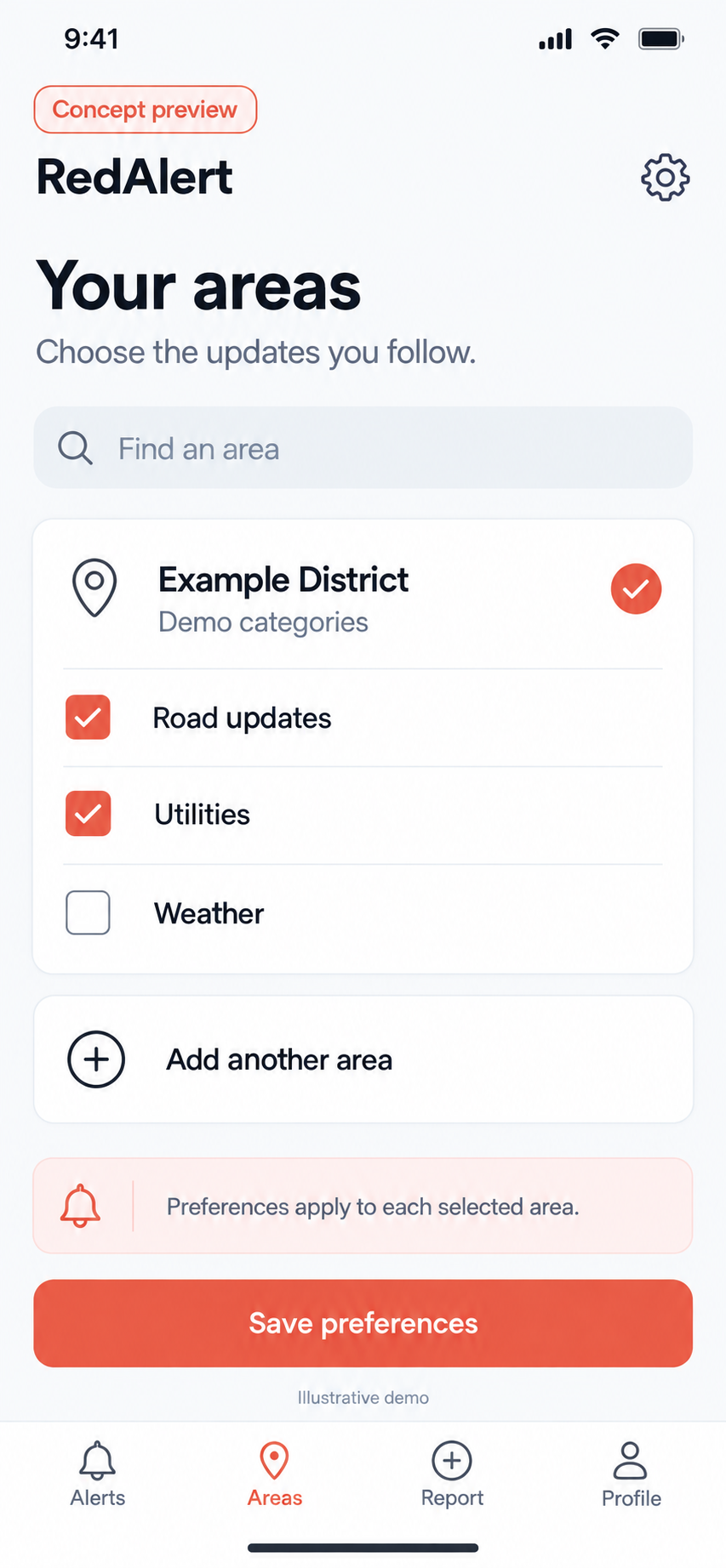 Area and category preferences — RedAlert concept preview with fictional demo content