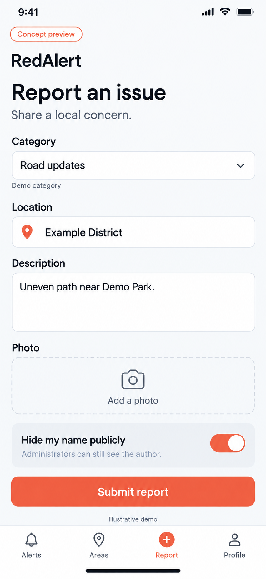 Report submission screen — RedAlert concept preview with fictional demo content